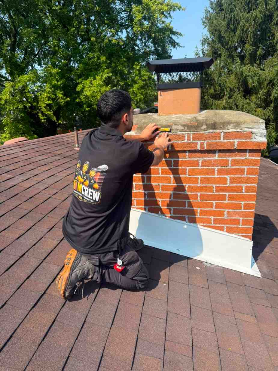 ChimCrew technician inspecting a brick chimney on a shingled rooftop