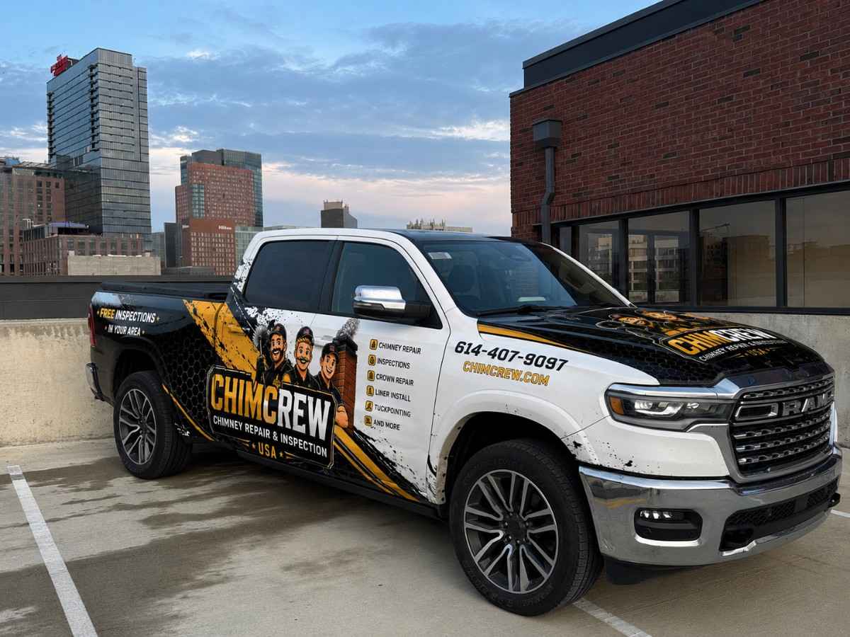 ChimCrew branded service truck in downtown Dayton, Ohio