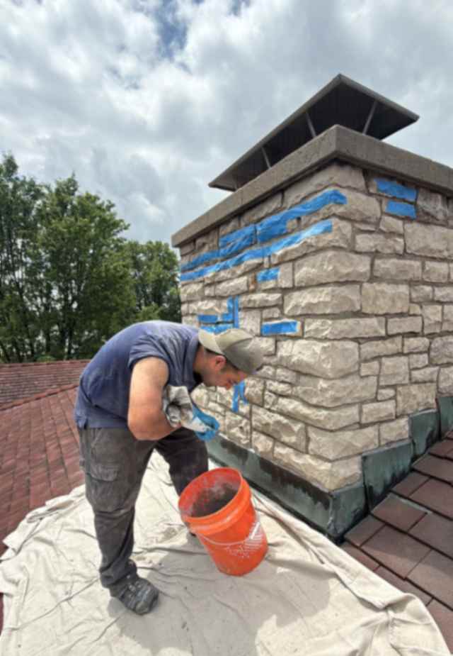 ChimCrew mason repointing mortar joints on a stone chimney