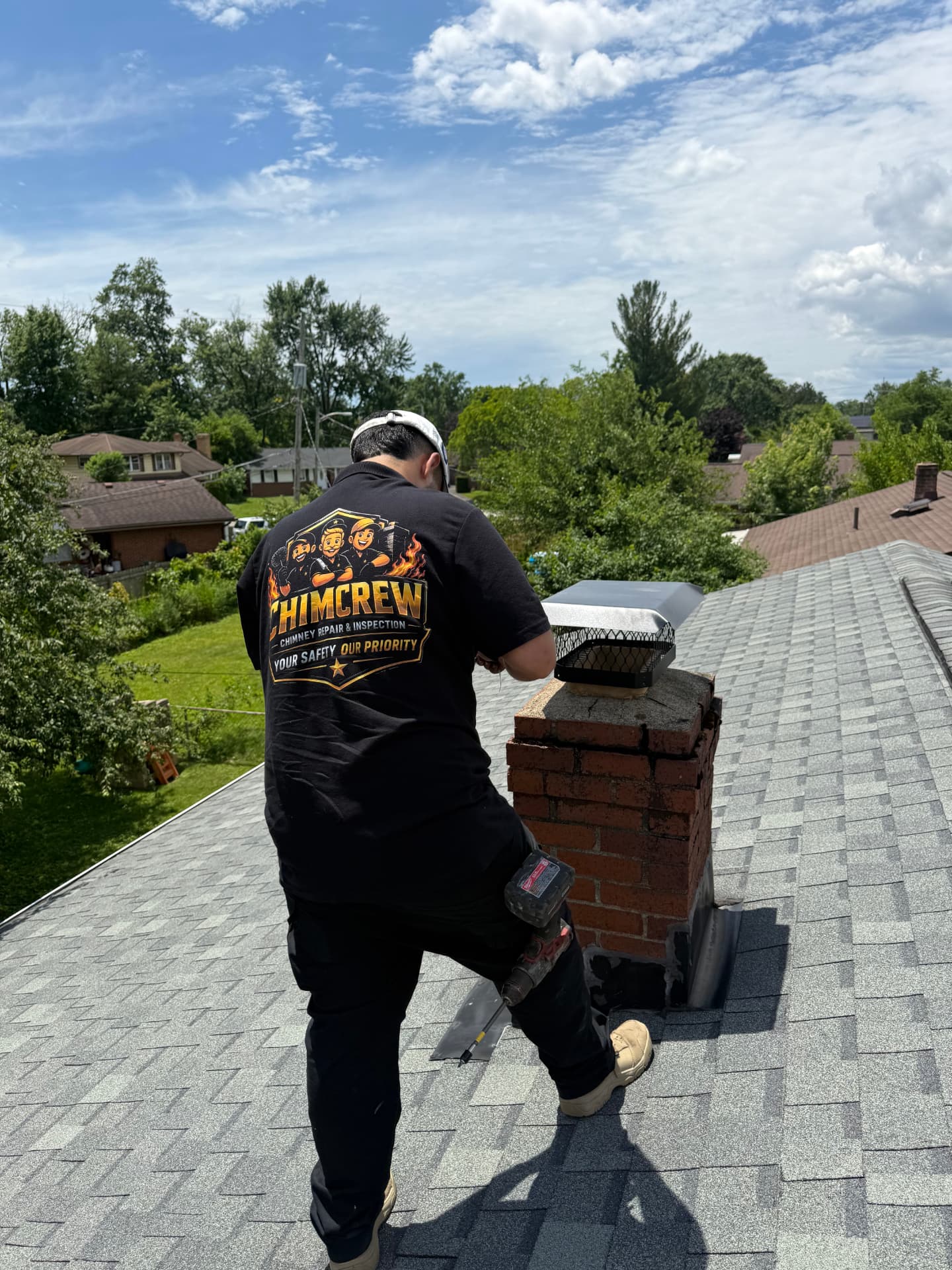 ChimCrew technician installing a new stainless chimney cap