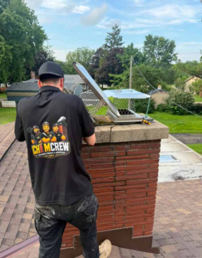 ChimCrew technician installing a chimney cap and liner on a brick chimney