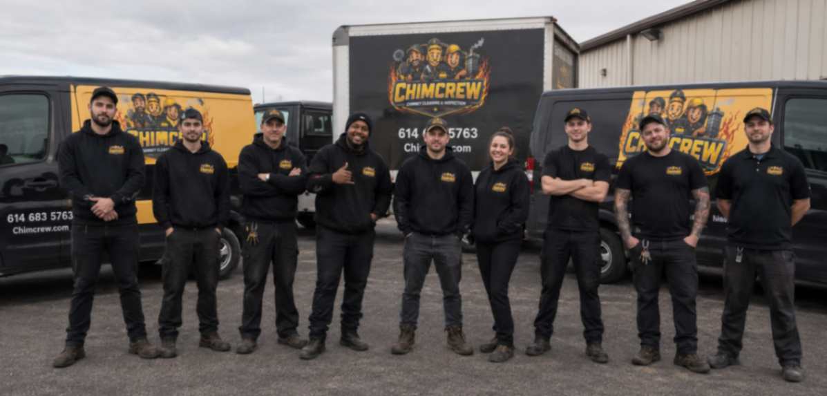 The ChimCrew team standing in front of their branded chimney service vans and truck