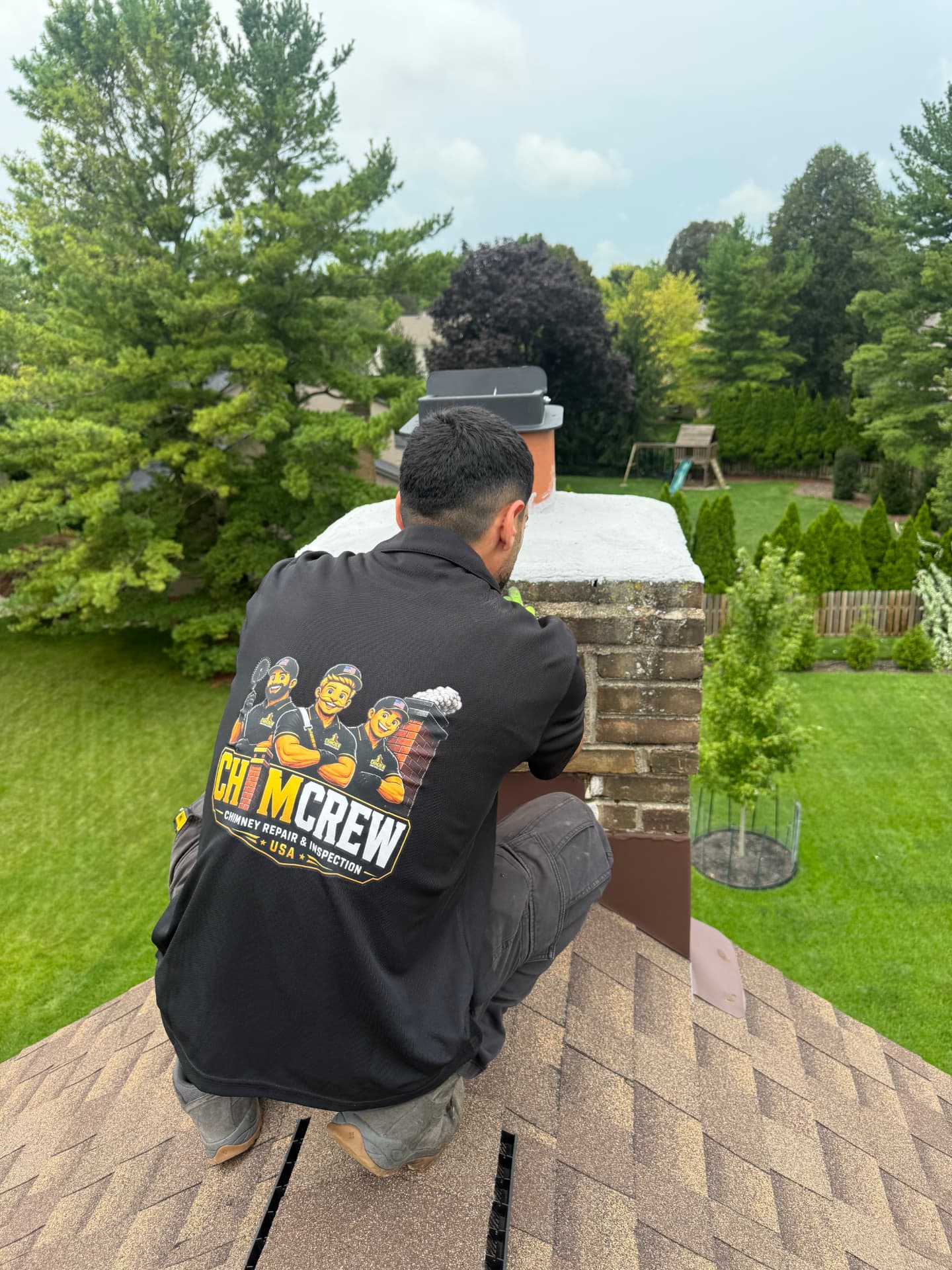 ChimCrew mason resurfacing a chimney crown and brickwork