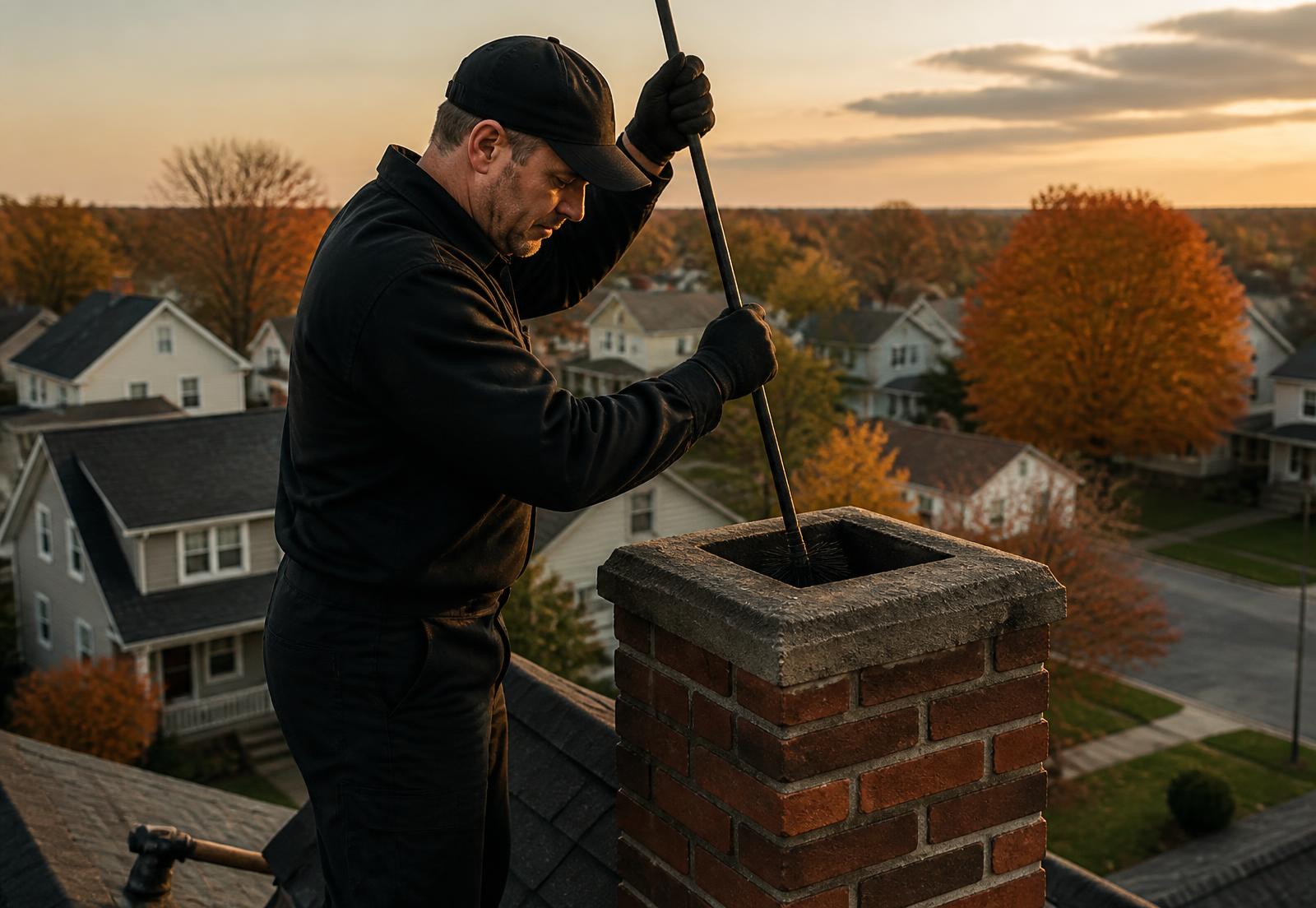 ChimCrew technician sweeping a brick chimney on a Dayton, Ohio rooftop