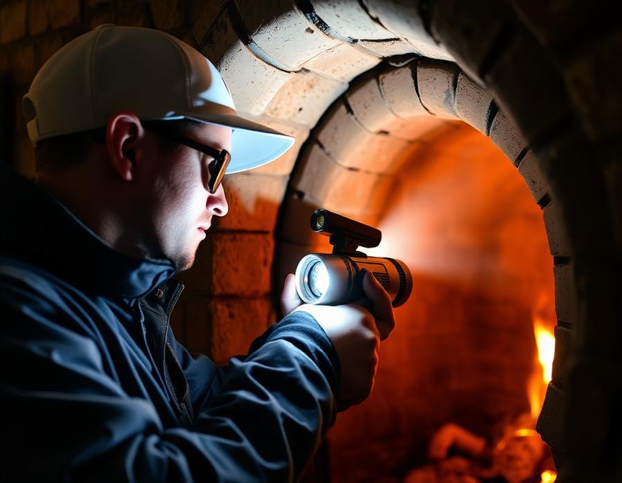 Technician inspecting a fireplace flue with a light