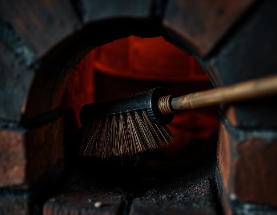 Chimney sweeping brush cleaning a brick flue